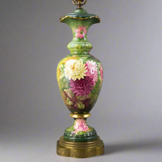 Antique French Victorian Signed Hand Painted Chrysanthemum Floral Lamp Filigree