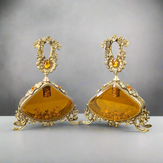 Pair Vintage LG Jeweled Ormolu Gold Filigree Perfume Bottles Amber Glass Vanity
