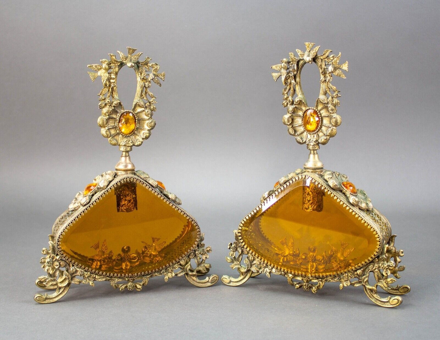 Pair Vintage LG Jeweled Ormolu Gold Filigree Perfume Bottles Amber Glass Vanity