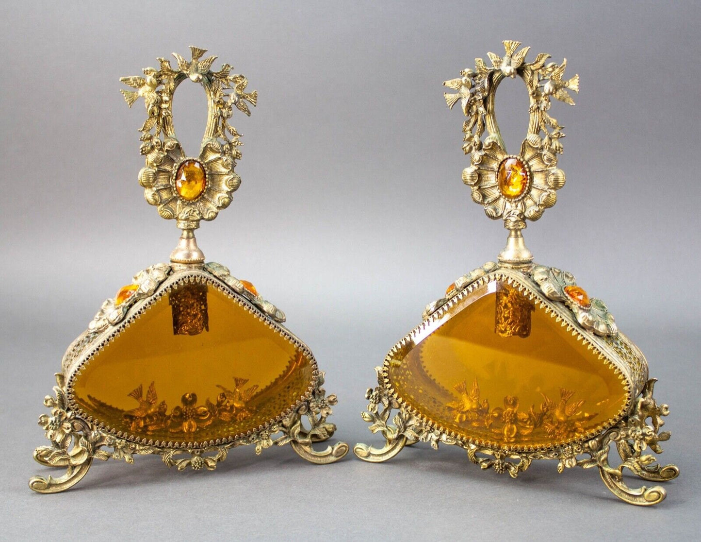 Pair Vintage LG Jeweled Ormolu Gold Filigree Perfume Bottles Amber Glass Vanity