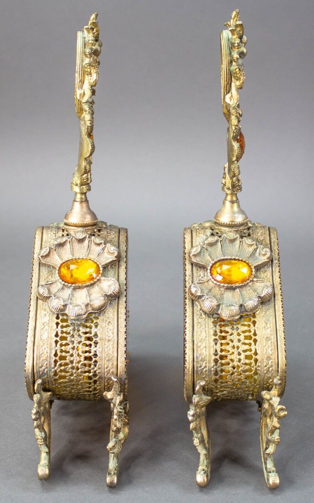 Pair Vintage LG Jeweled Ormolu Gold Filigree Perfume Bottles Amber Glass Vanity