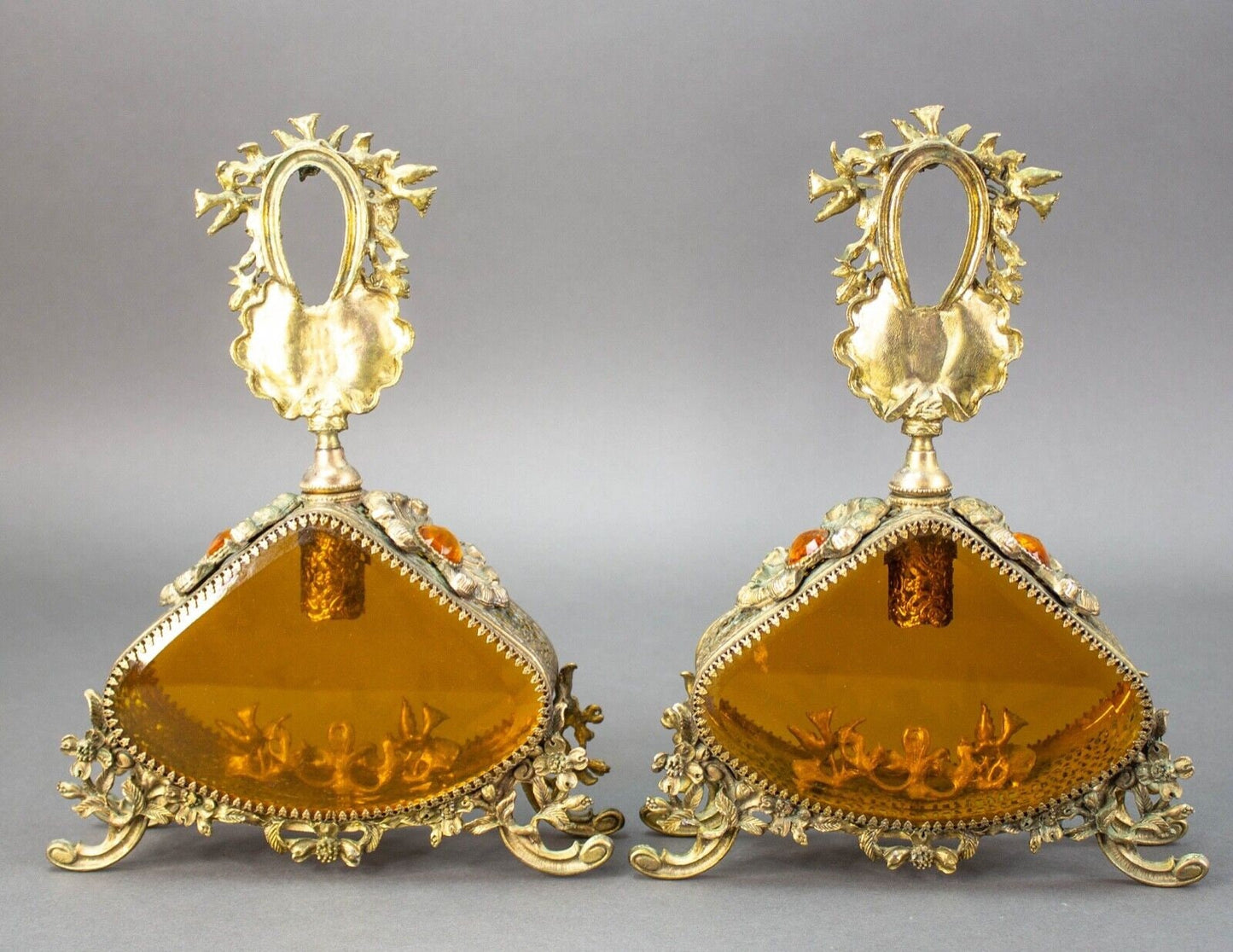 Pair Vintage LG Jeweled Ormolu Gold Filigree Perfume Bottles Amber Glass Vanity