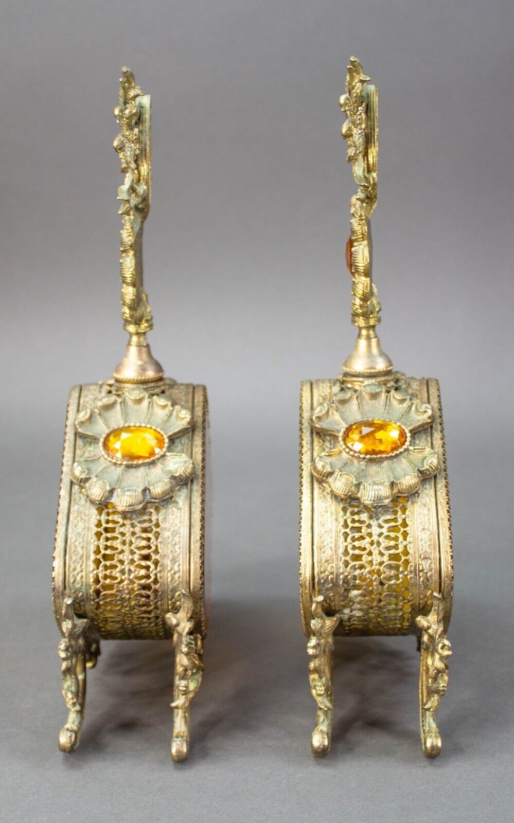 Pair Vintage LG Jeweled Ormolu Gold Filigree Perfume Bottles Amber Glass Vanity