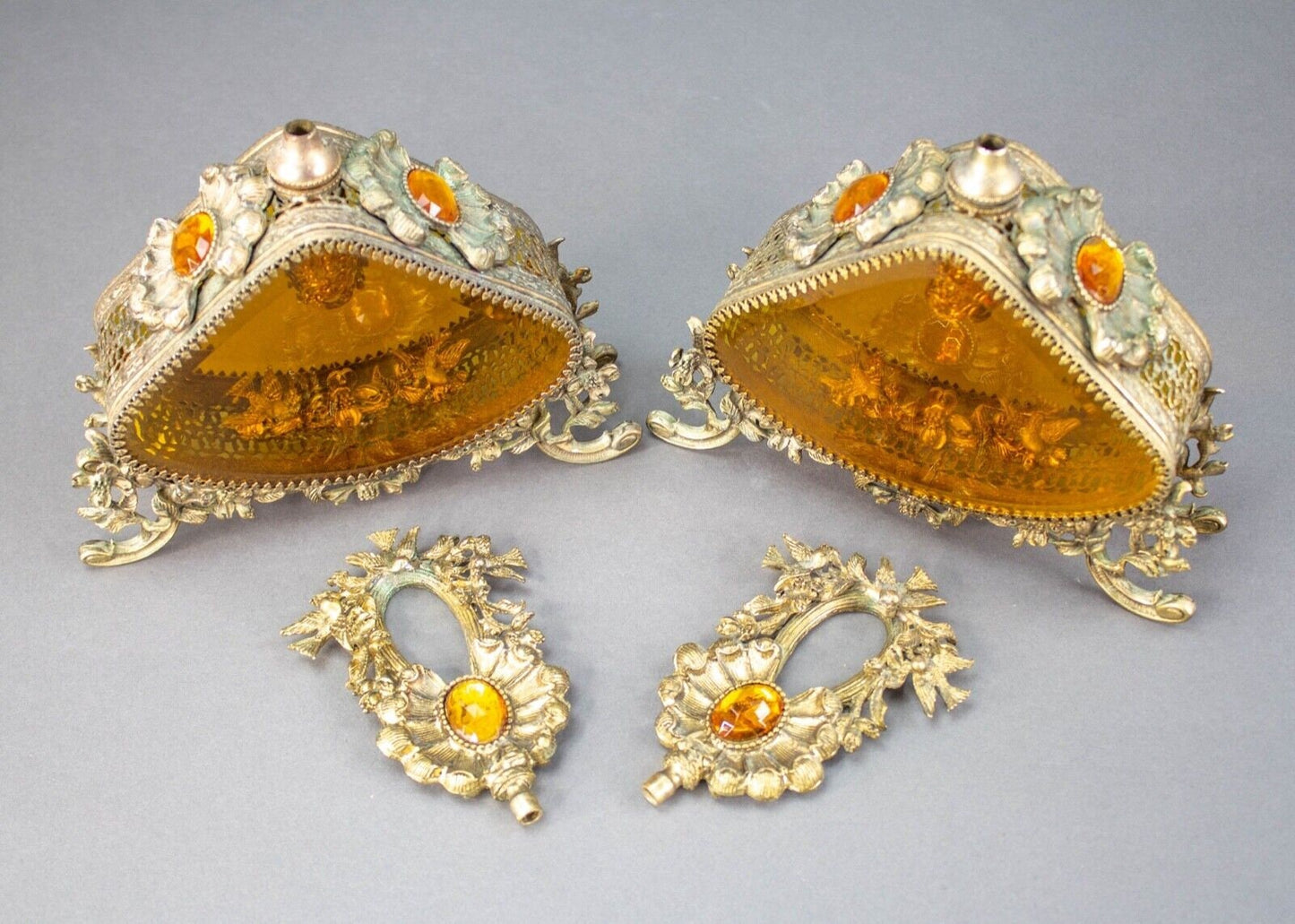 Pair Vintage LG Jeweled Ormolu Gold Filigree Perfume Bottles Amber Glass Vanity