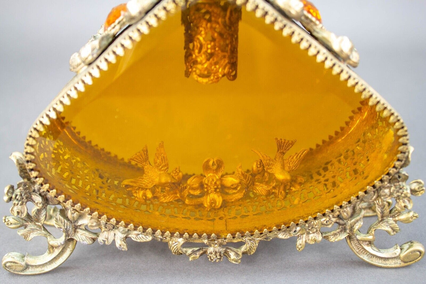 Pair Vintage LG Jeweled Ormolu Gold Filigree Perfume Bottles Amber Glass Vanity