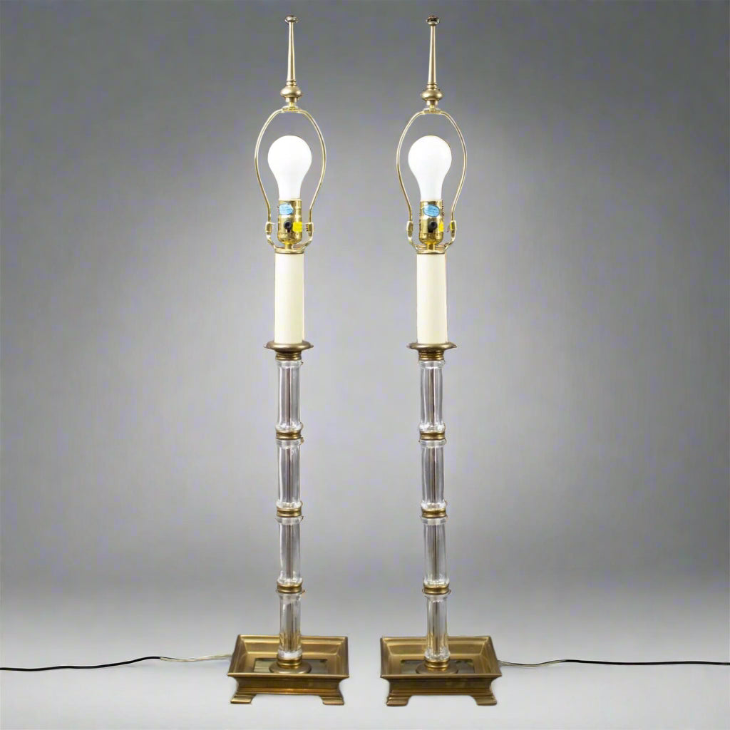 Pair Chapman 1984 Vintage Blown Glass Bamboo Column & Brass Accents Table Lamps