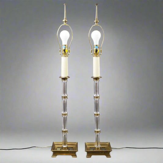 Pair Chapman 1984 Vintage Blown Glass Bamboo Column & Brass Accents Table Lamps