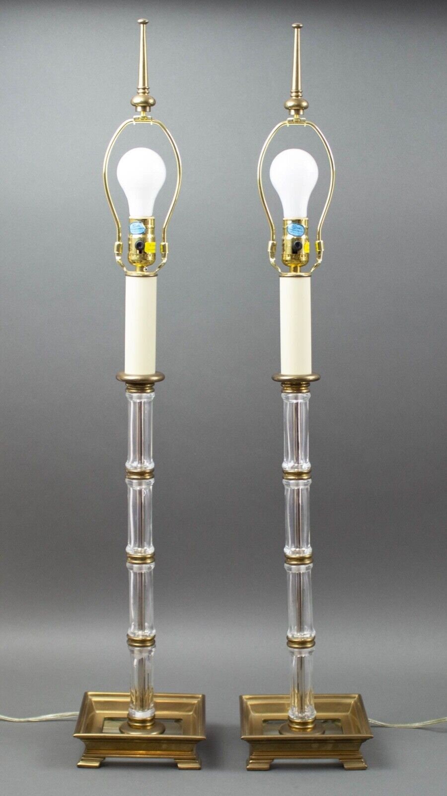 Pair Chapman 1984 Vintage Blown Glass Bamboo Column & Brass Accents Table Lamps