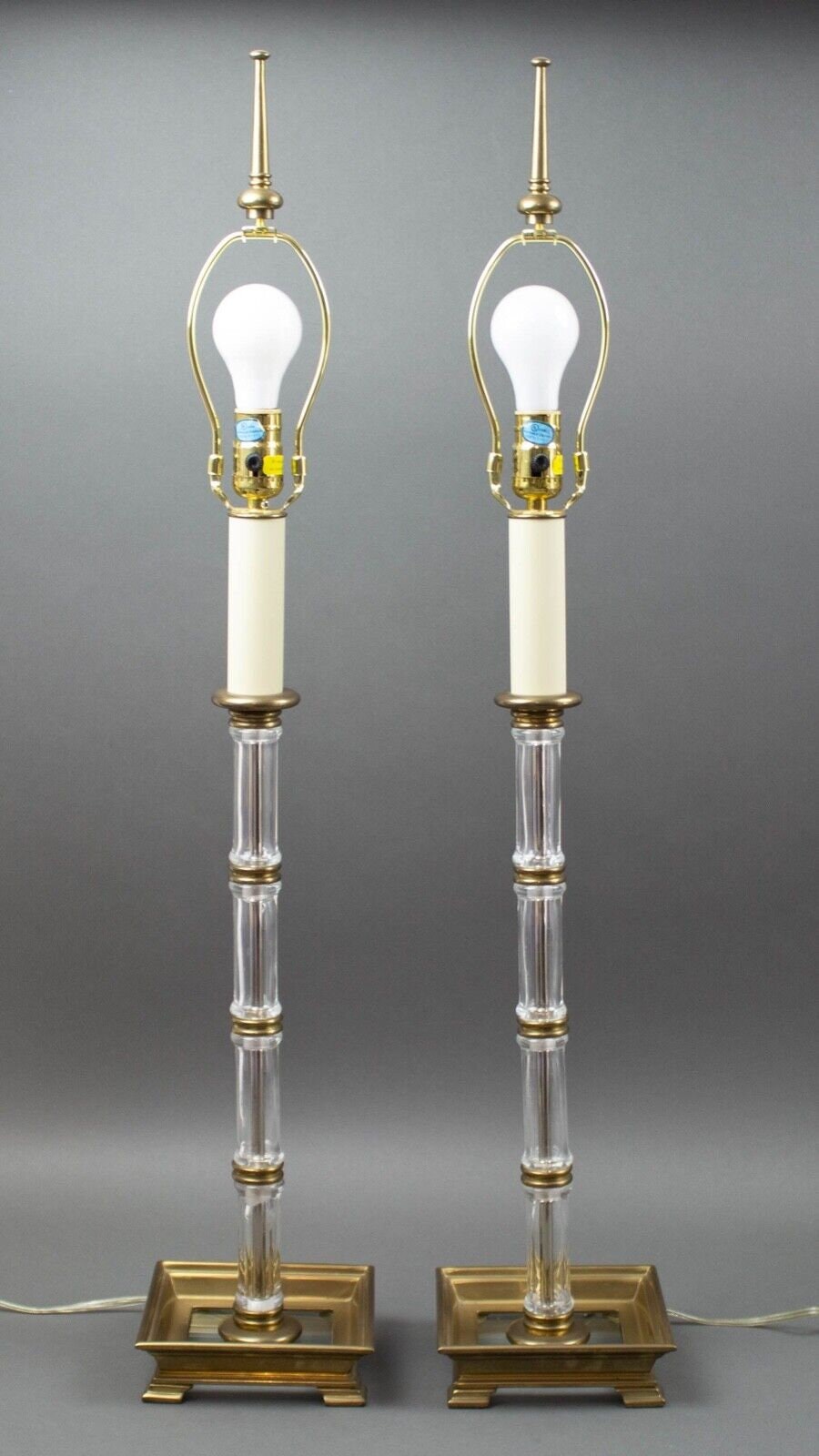 Pair Chapman 1984 Vintage Blown Glass Bamboo Column & Brass Accents Table Lamps
