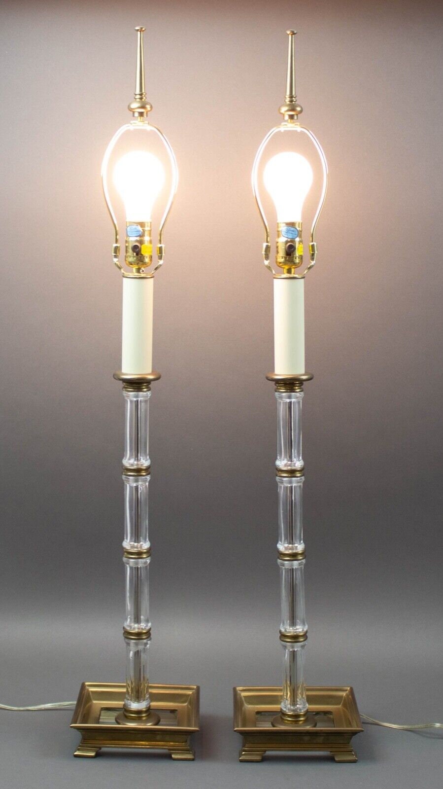 Pair Chapman 1984 Vintage Blown Glass Bamboo Column & Brass Accents Table Lamps