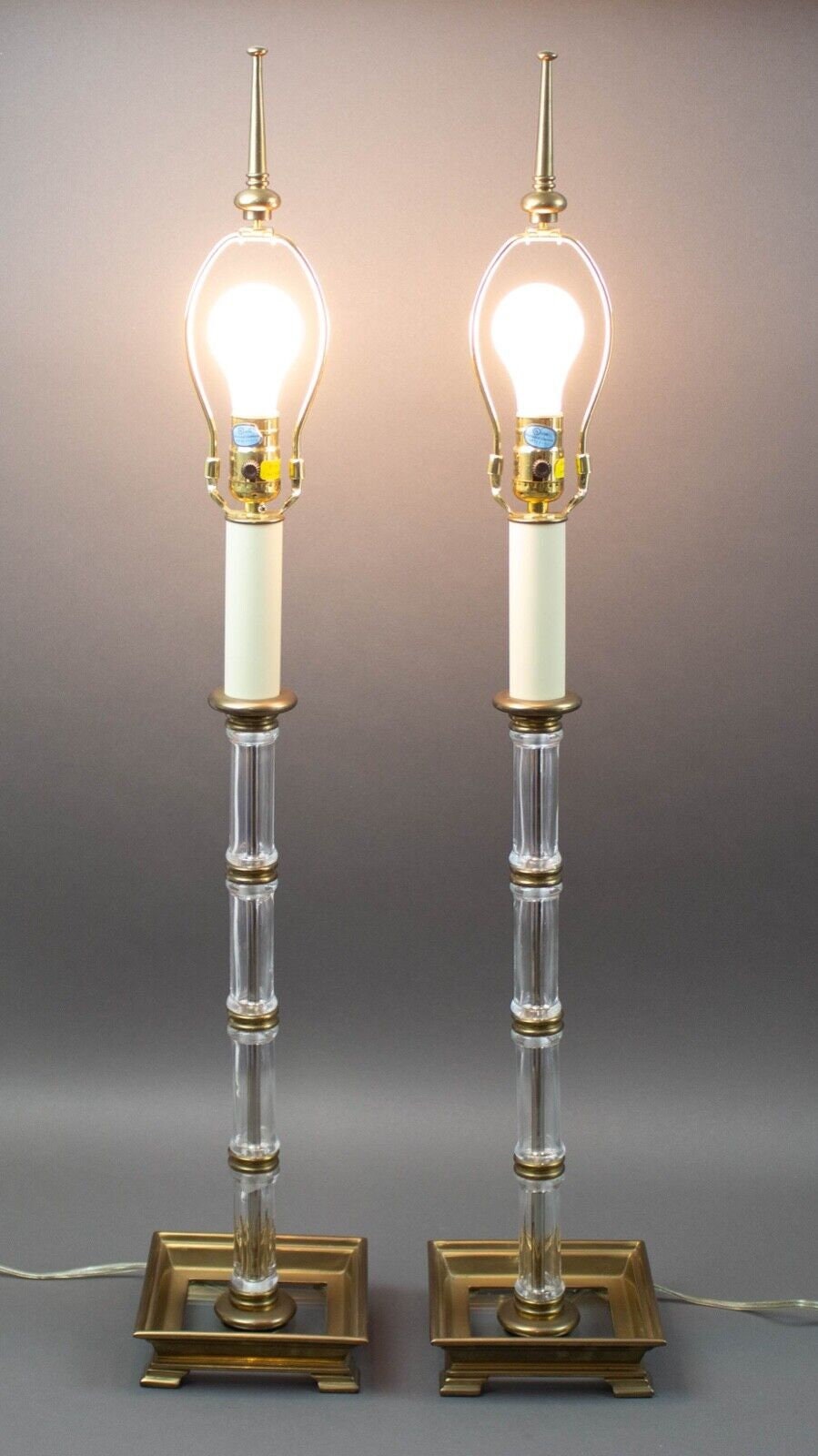Pair Chapman 1984 Vintage Blown Glass Bamboo Column & Brass Accents Table Lamps