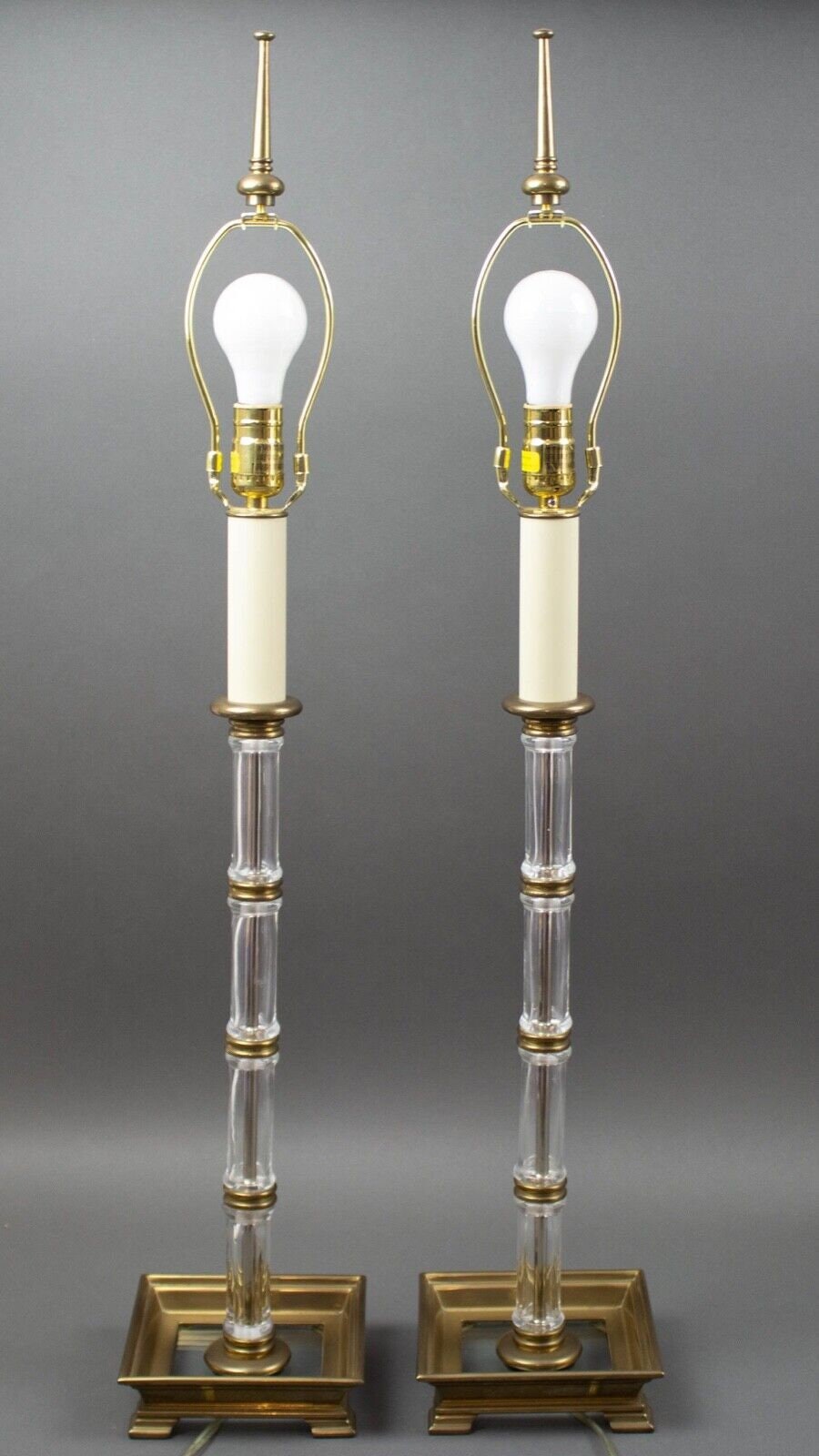 Pair Chapman 1984 Vintage Blown Glass Bamboo Column & Brass Accents Table Lamps
