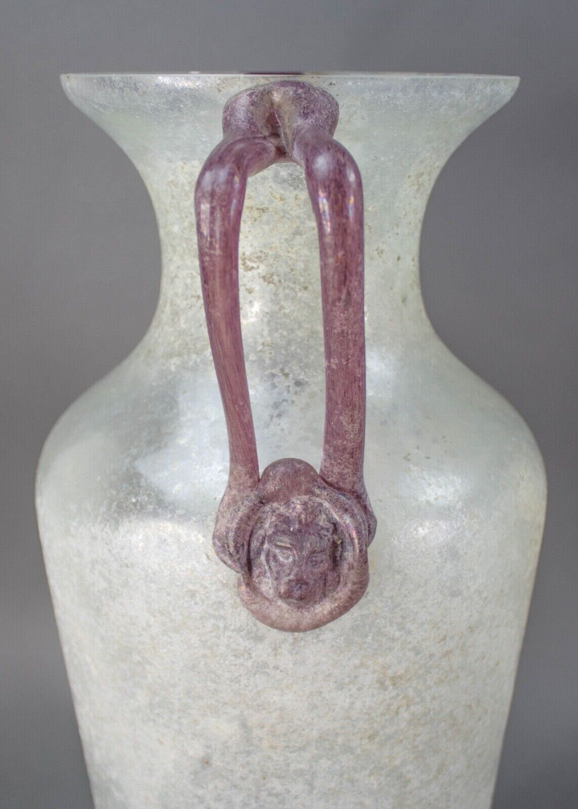 Monumental Signed Murano Scavo Amphora Art Glass Vase Lion Head Handles 18 5/8"