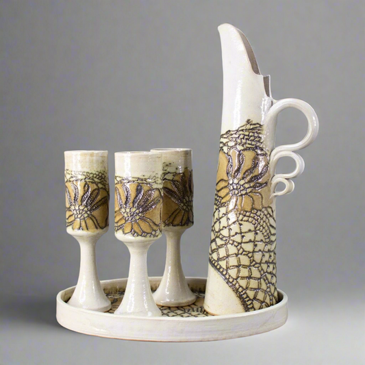 Jana Kozon Kausalik 1985 Glazed Art Pottery Stoneware Wine Serving Set Vintage