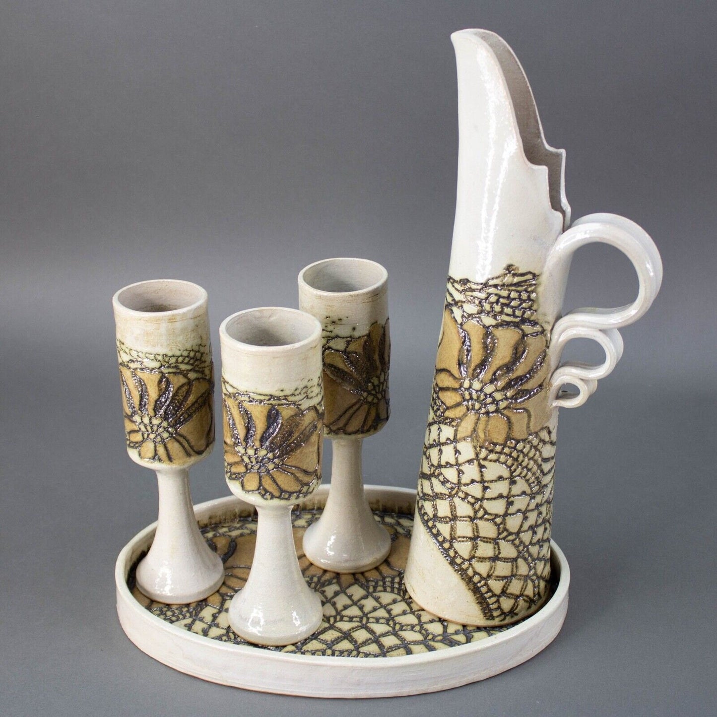 Jana Kozon Kausalik 1985 Glazed Art Pottery Stoneware Wine Serving Set Vintage