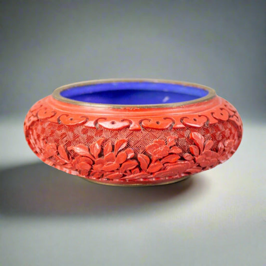 Vintage Chinese Floral Carved Cinnabar Bronze Cloisonné Bowl 5"