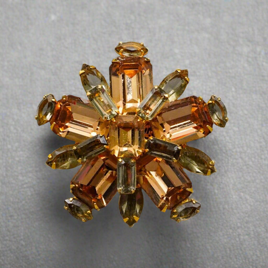 Schrager Signed Vintage Starburst Gold Tone Amber Rhinestone Brooch Pin