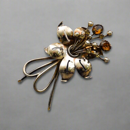 Vintage Large Sterling Silver Faux Pearl Amber Rhinestone Bouquet Brooch Pin 4"