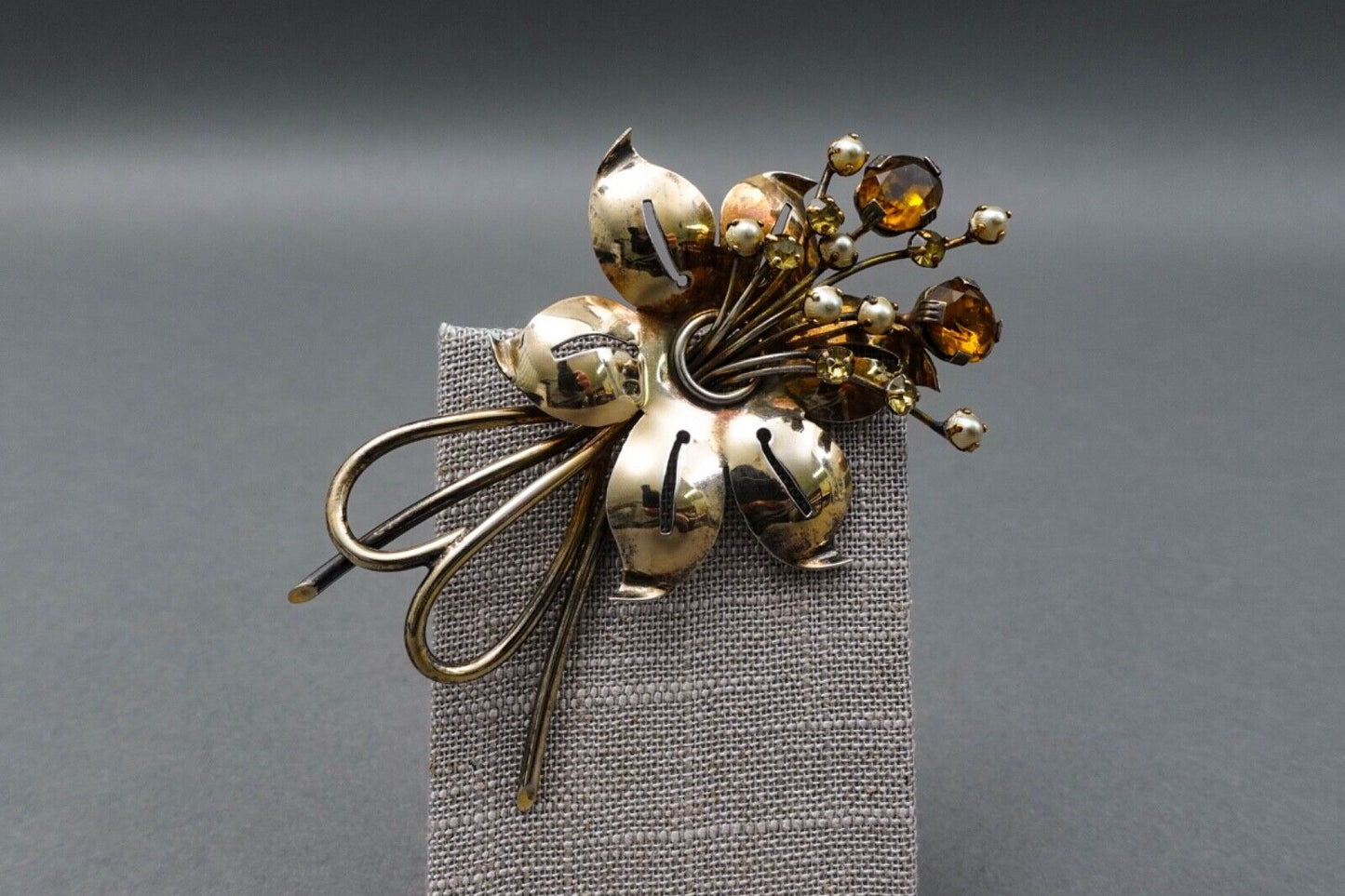 Vintage Large Sterling Silver Faux Pearl Amber Rhinestone Bouquet Brooch Pin 4"