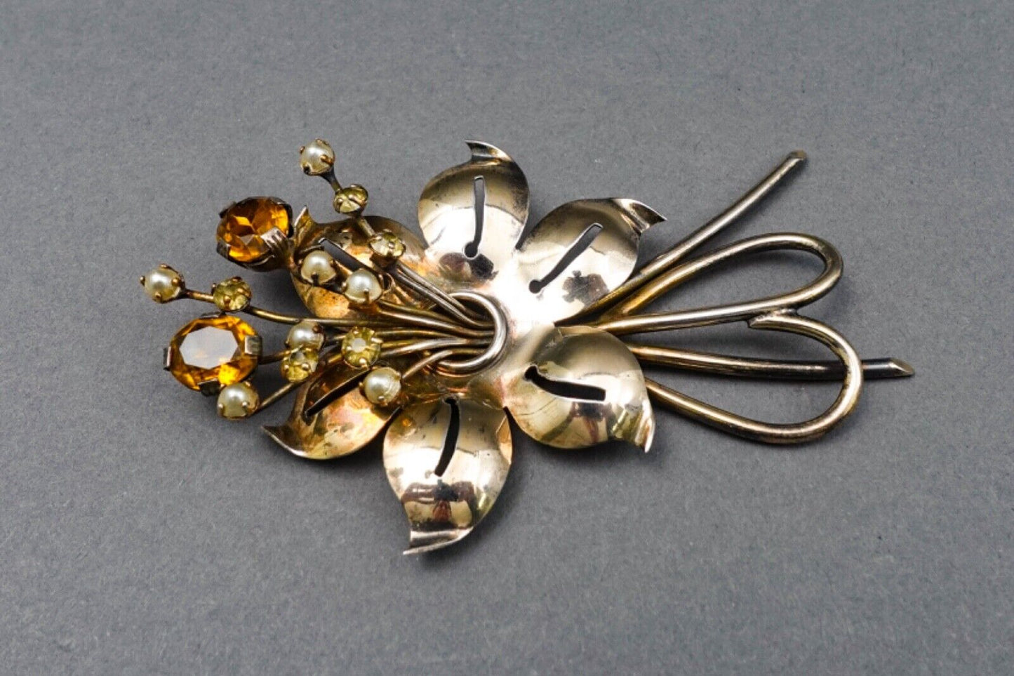 Vintage Large Sterling Silver Faux Pearl Amber Rhinestone Bouquet Brooch Pin 4"