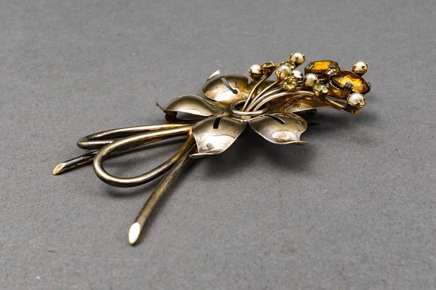 Vintage Large Sterling Silver Faux Pearl Amber Rhinestone Bouquet Brooch Pin 4"