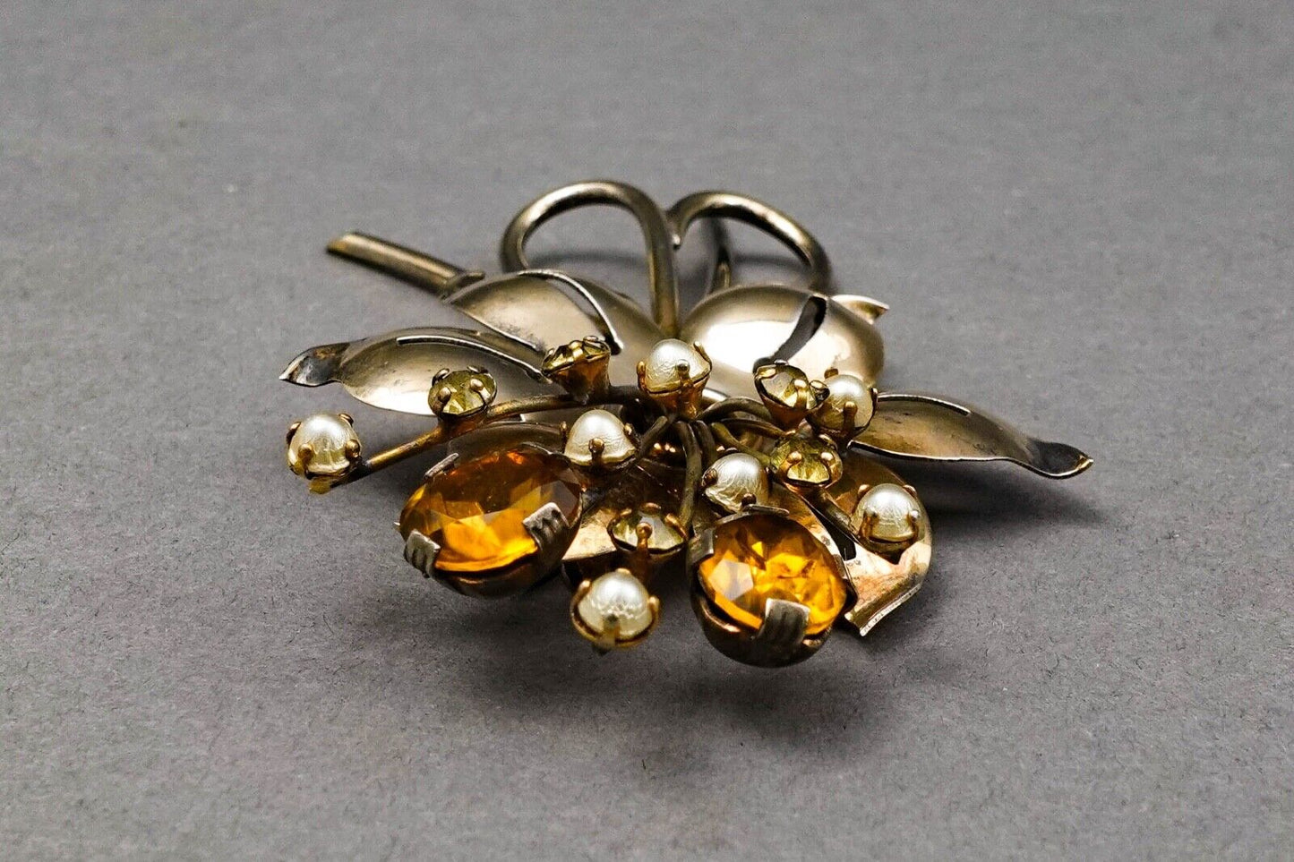 Vintage Large Sterling Silver Faux Pearl Amber Rhinestone Bouquet Brooch Pin 4"