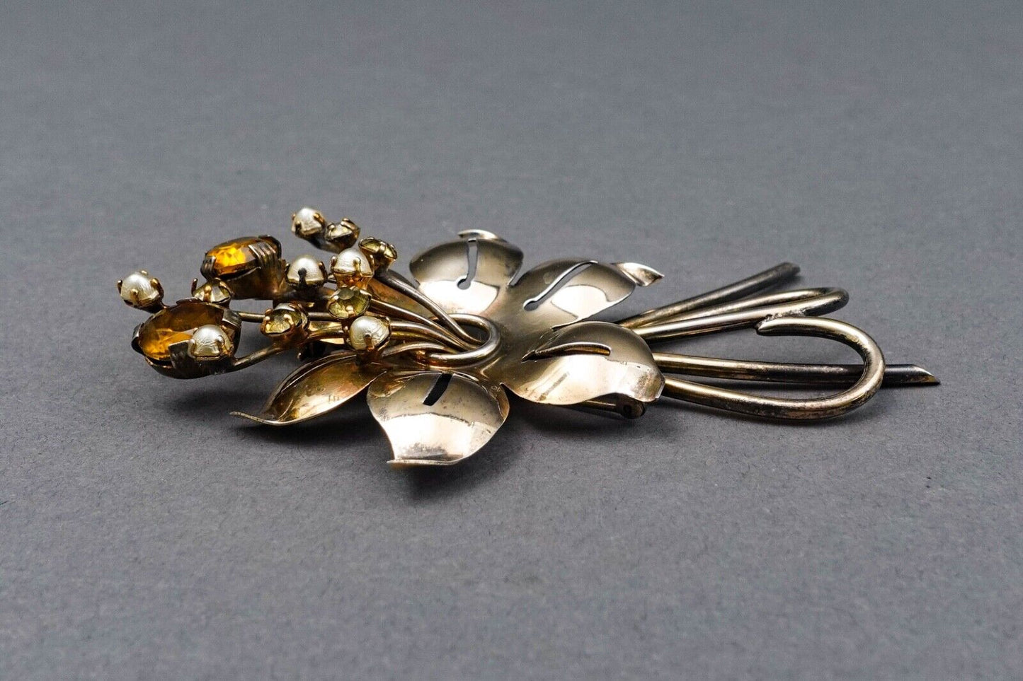 Vintage Large Sterling Silver Faux Pearl Amber Rhinestone Bouquet Brooch Pin 4"