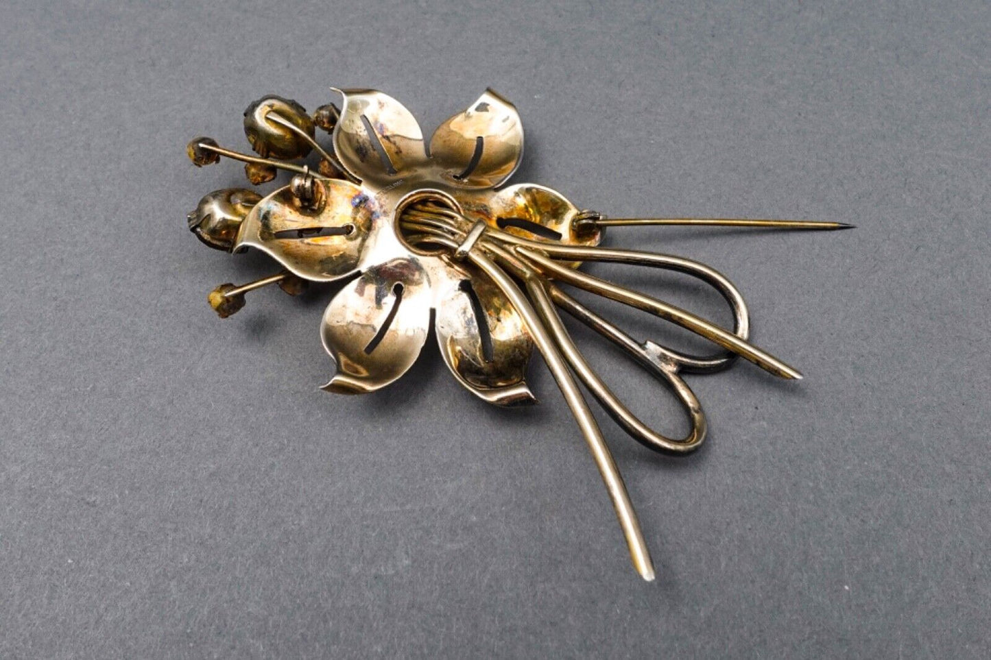 Vintage Large Sterling Silver Faux Pearl Amber Rhinestone Bouquet Brooch Pin 4"