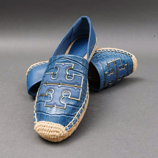 Tory Burch Ines Croc-Embossed Leather Espadrille In Denim Blue No. 81277 US 6.5