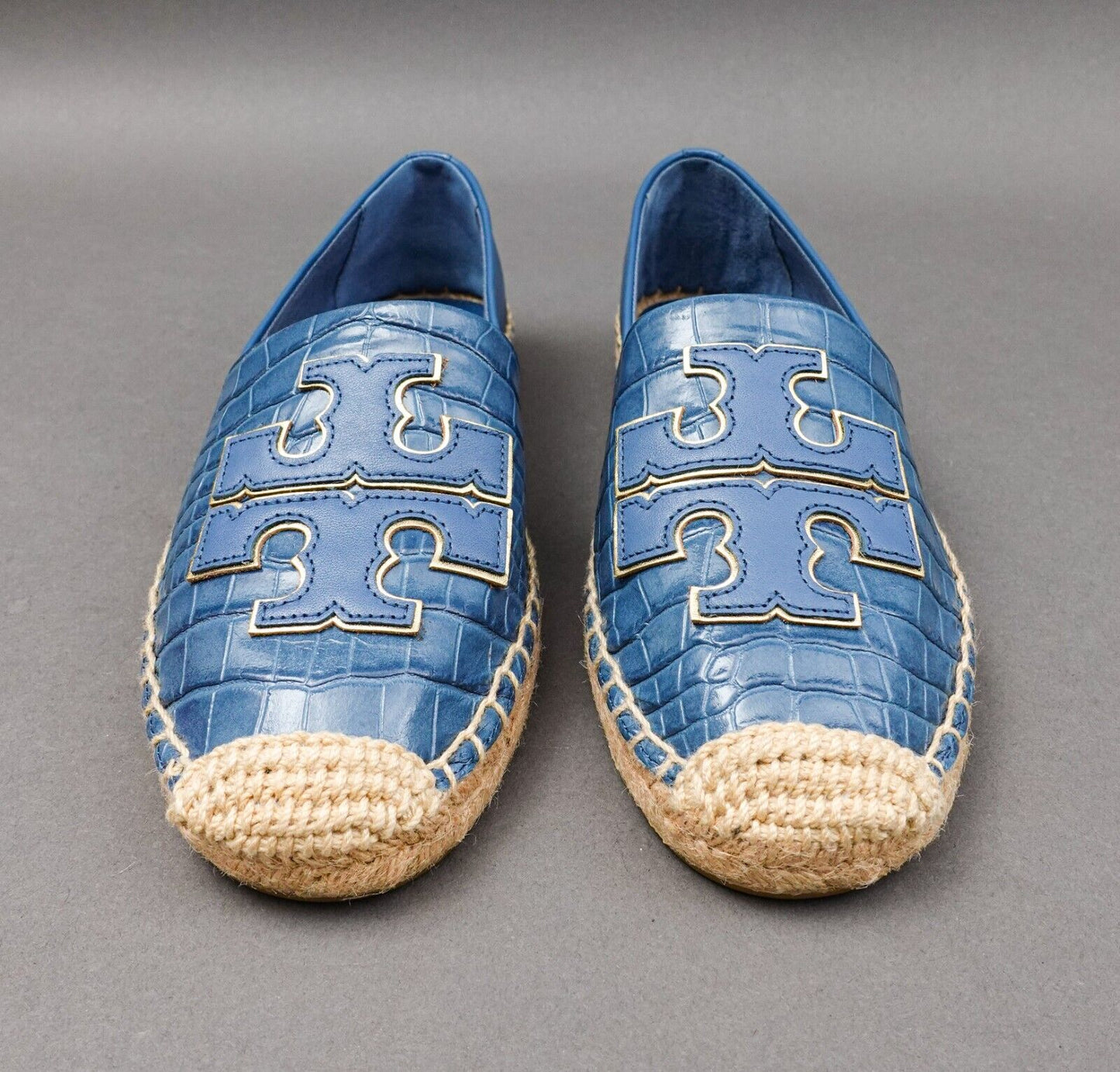 Tory Burch Ines Croc-Embossed Leather Espadrille In Denim Blue No. 81277 US 6.5