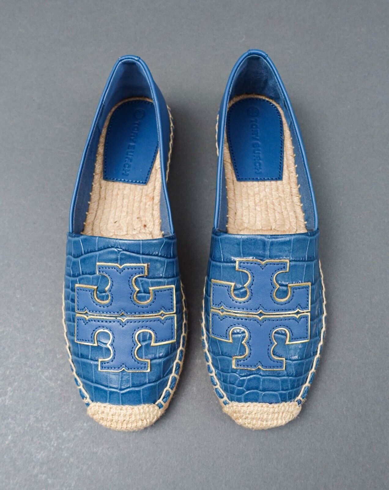 Tory Burch Ines Croc-Embossed Leather Espadrille In Denim Blue No. 81277 US 6.5