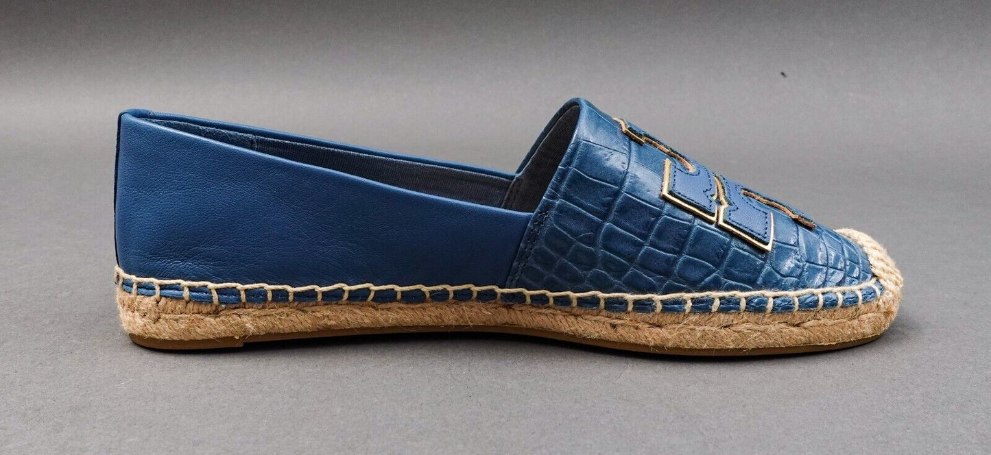Tory Burch Ines Croc-Embossed Leather Espadrille In Denim Blue No. 81277 US 6.5