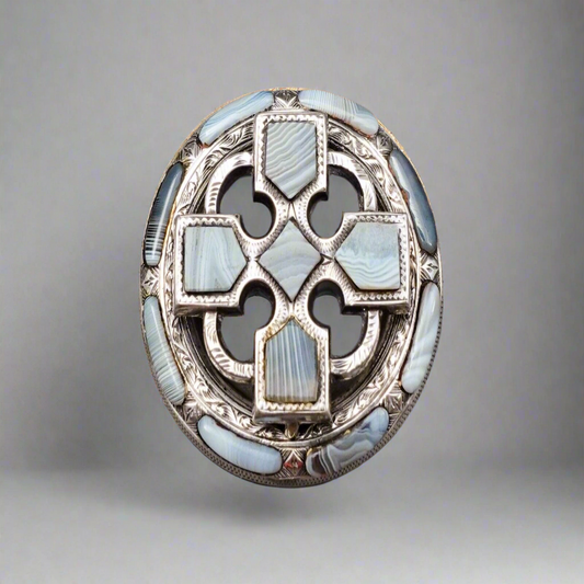 Scottish Victorian Antique Sterling Blue Lace Agate St.Andrews Cross Brooch Pin