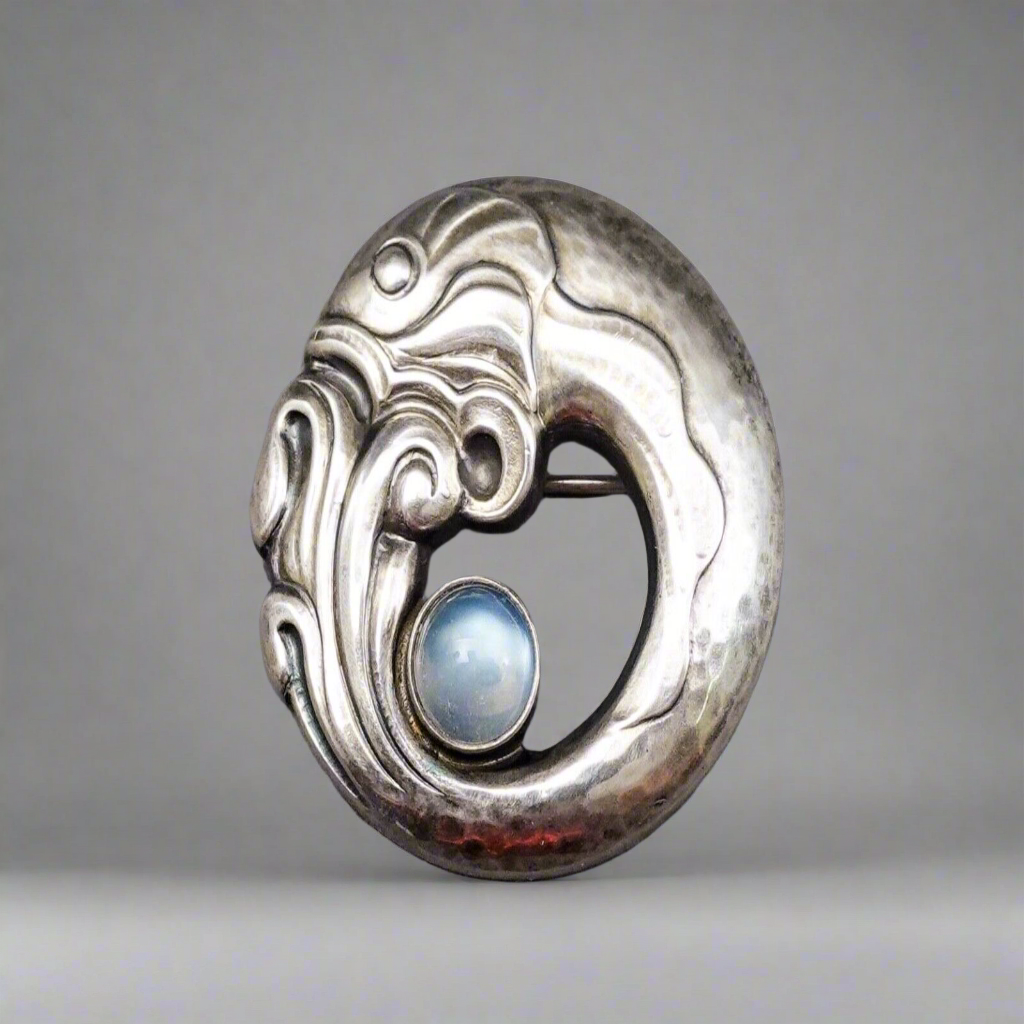 Georg Jensen Denmark Sterling Silver 925 Moonstone Fish Motif  Brooch Pin