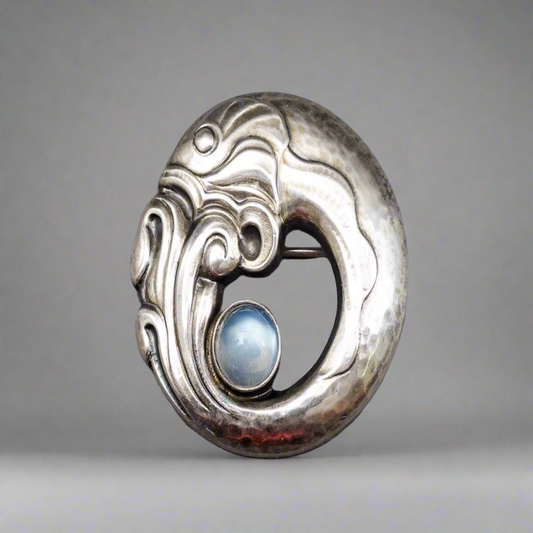 Georg Jensen Denmark Sterling Silver 925 Moonstone Fish Motif  Brooch Pin