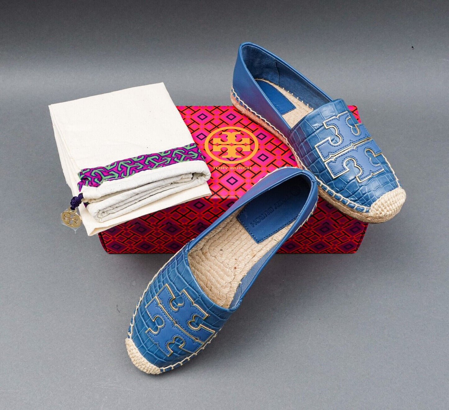 Tory Burch Ines Croc-Embossed Leather Espadrille In Denim Blue No. 81277 US 6.5