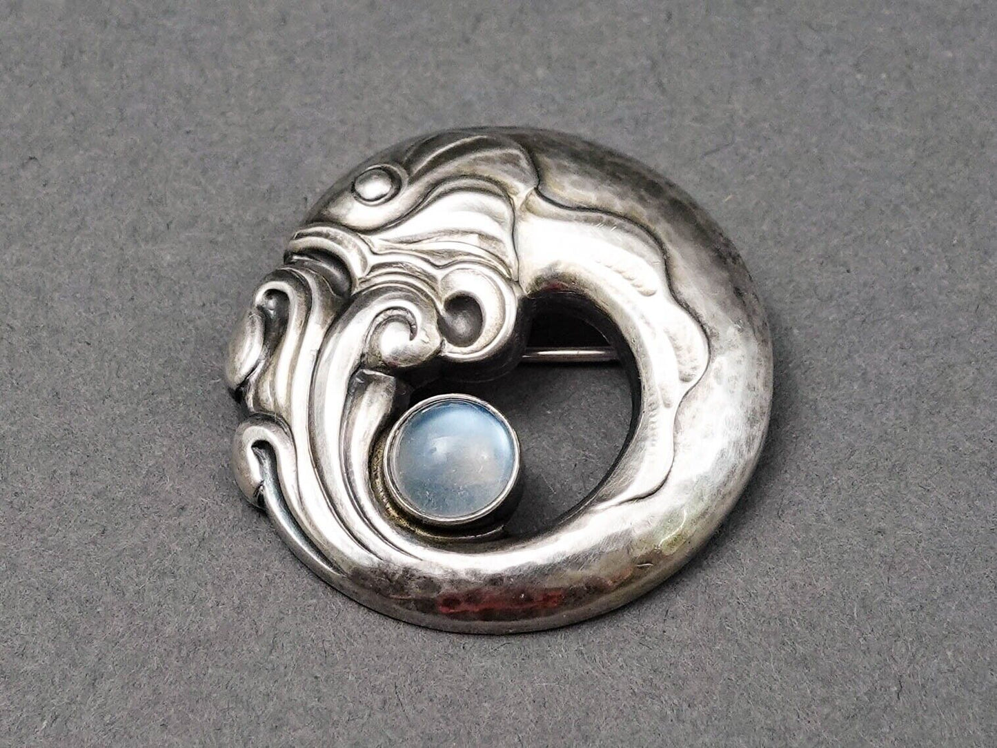 Georg Jensen Denmark Sterling Silver 925 Moonstone Fish Motif  Brooch Pin