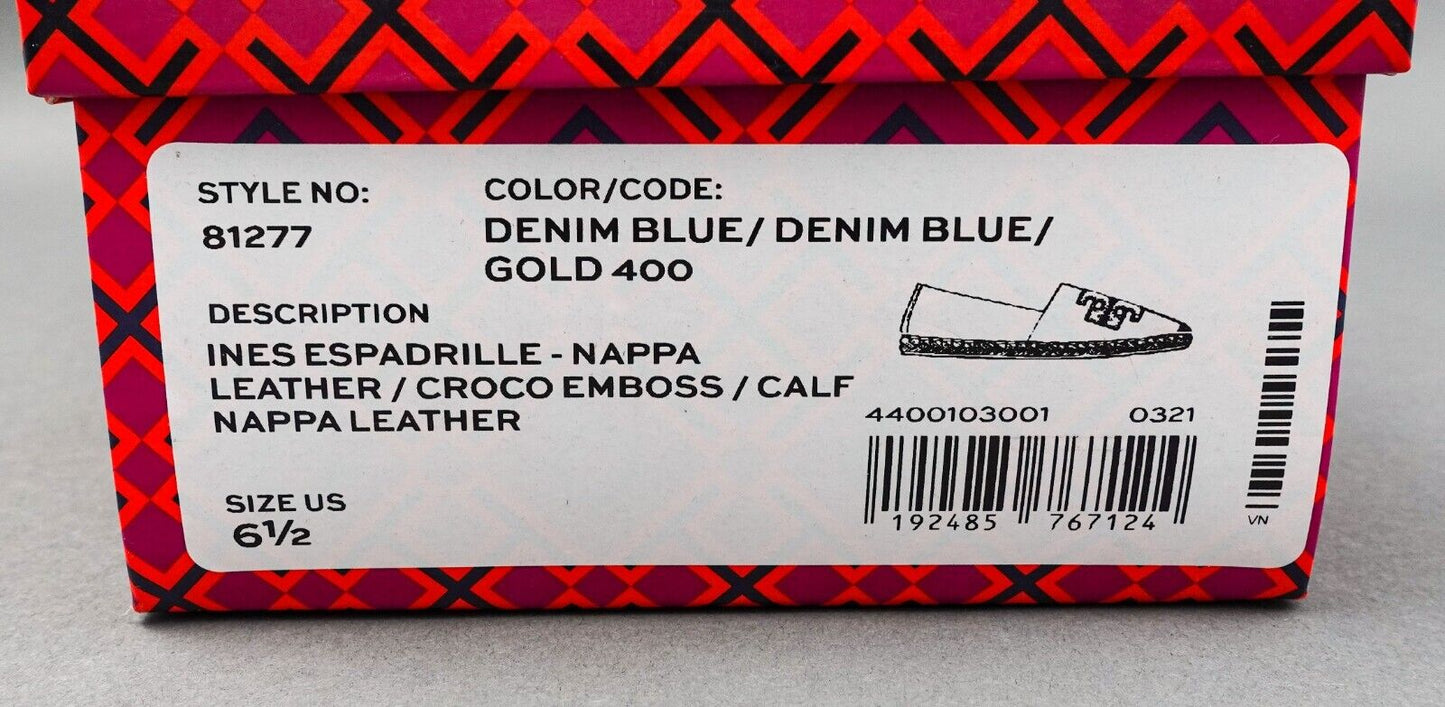 Tory Burch Ines Croc-Embossed Leather Espadrille In Denim Blue No. 81277 US 6.5