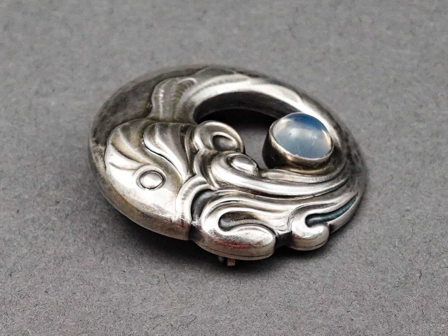 Georg Jensen Denmark Sterling Silver 925 Moonstone Fish Motif  Brooch Pin