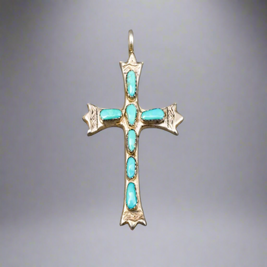 George & Lupeta Leekity Signed Zuni Sterling Silver 925 Turquoise Cross Pendant