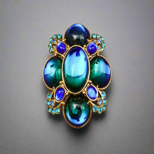 Joan Rivers Signed Vintage Blue Green Cabochon Maltese Cross Brooch Pin