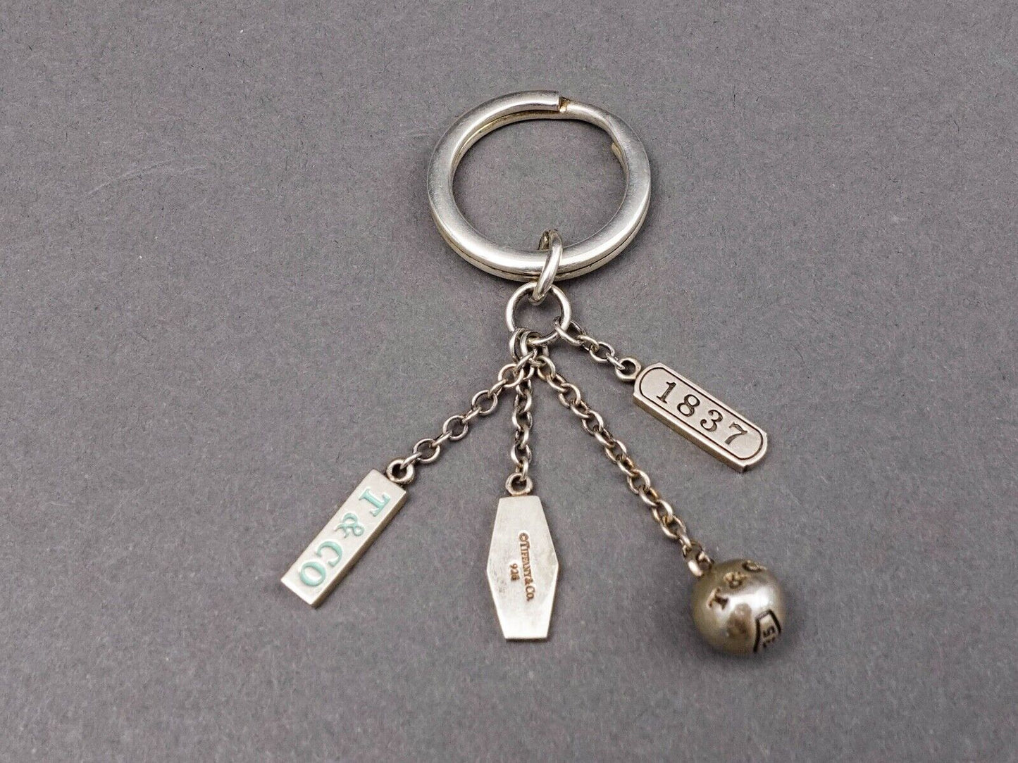 Tiffany & Co. 1837 Sterling Silver Dangle 4 Charm Key Ring Keychain With Pouch