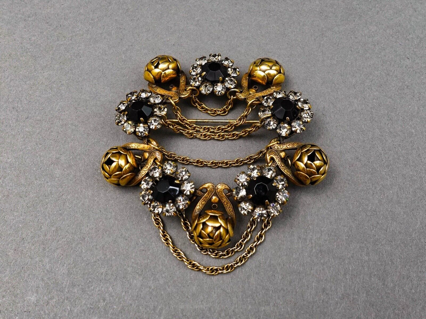 Sandor Signed Vintage Floral Gold Tone Black Rhinestones Dangle Chain Brooch Pin