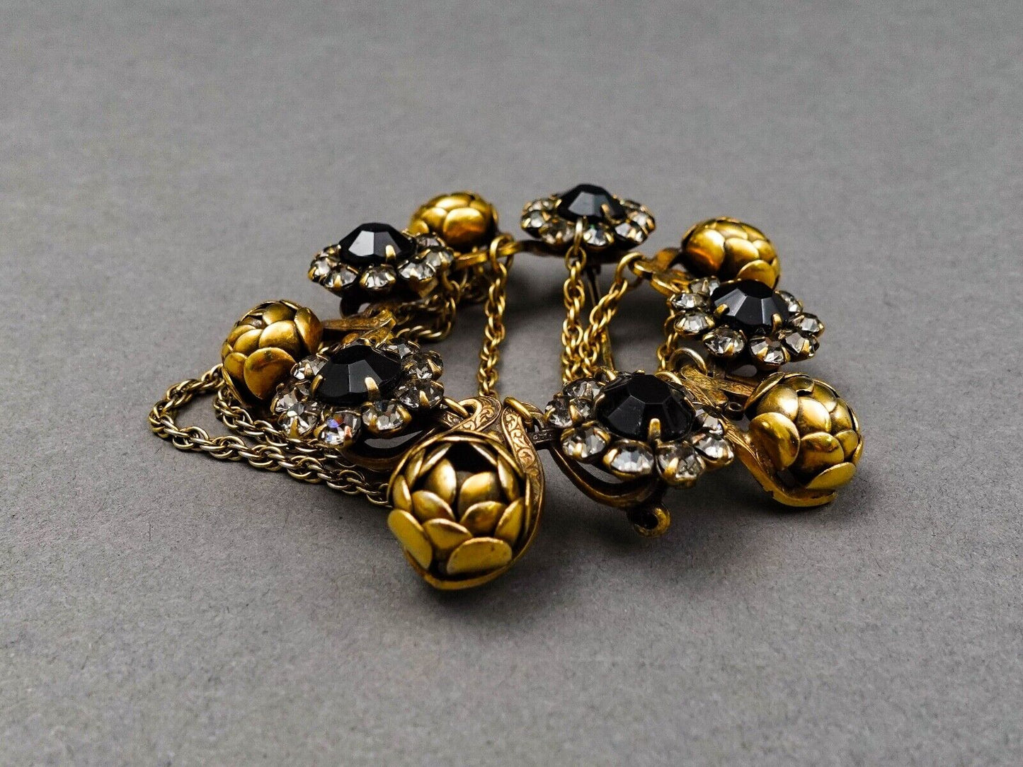 Sandor Signed Vintage Floral Gold Tone Black Rhinestones Dangle Chain Brooch Pin
