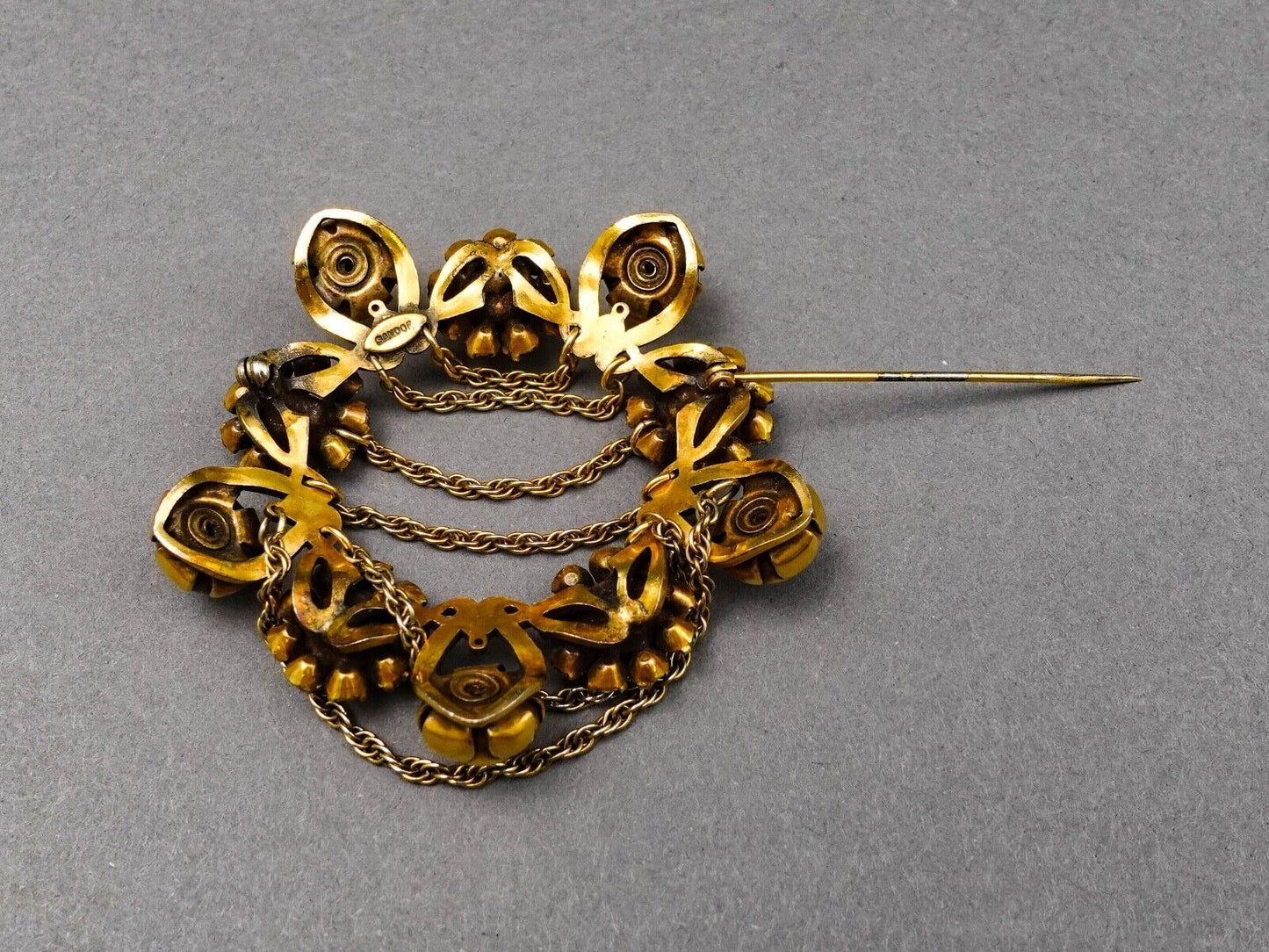 Sandor Signed Vintage Floral Gold Tone Black Rhinestones Dangle Chain Brooch Pin