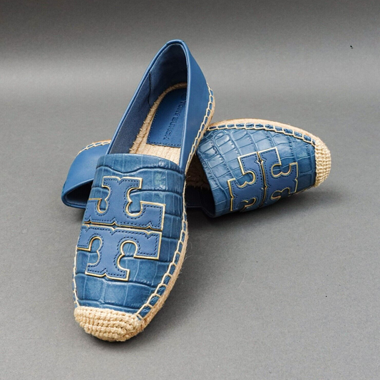Tory Burch Ines Croc-Embossed Leather Espadrille In Denim Blue No. 81277 Sz US 6