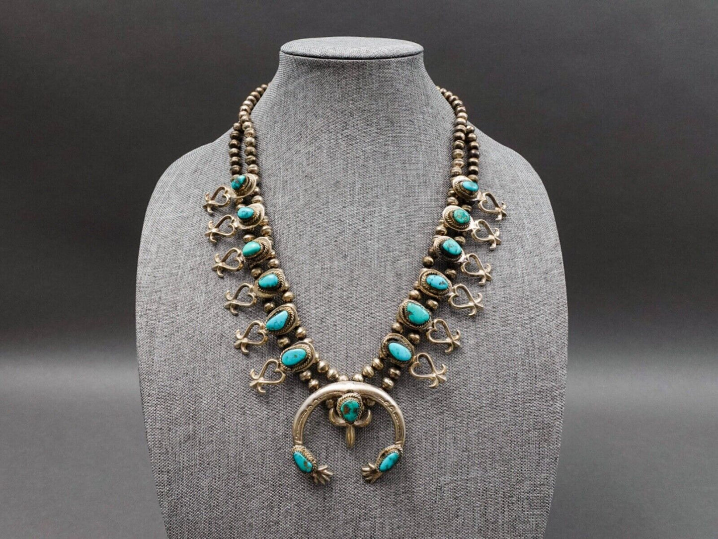 Navajo VIntage Sterling Silver Turquoise Squash Blossom Heart Necklace