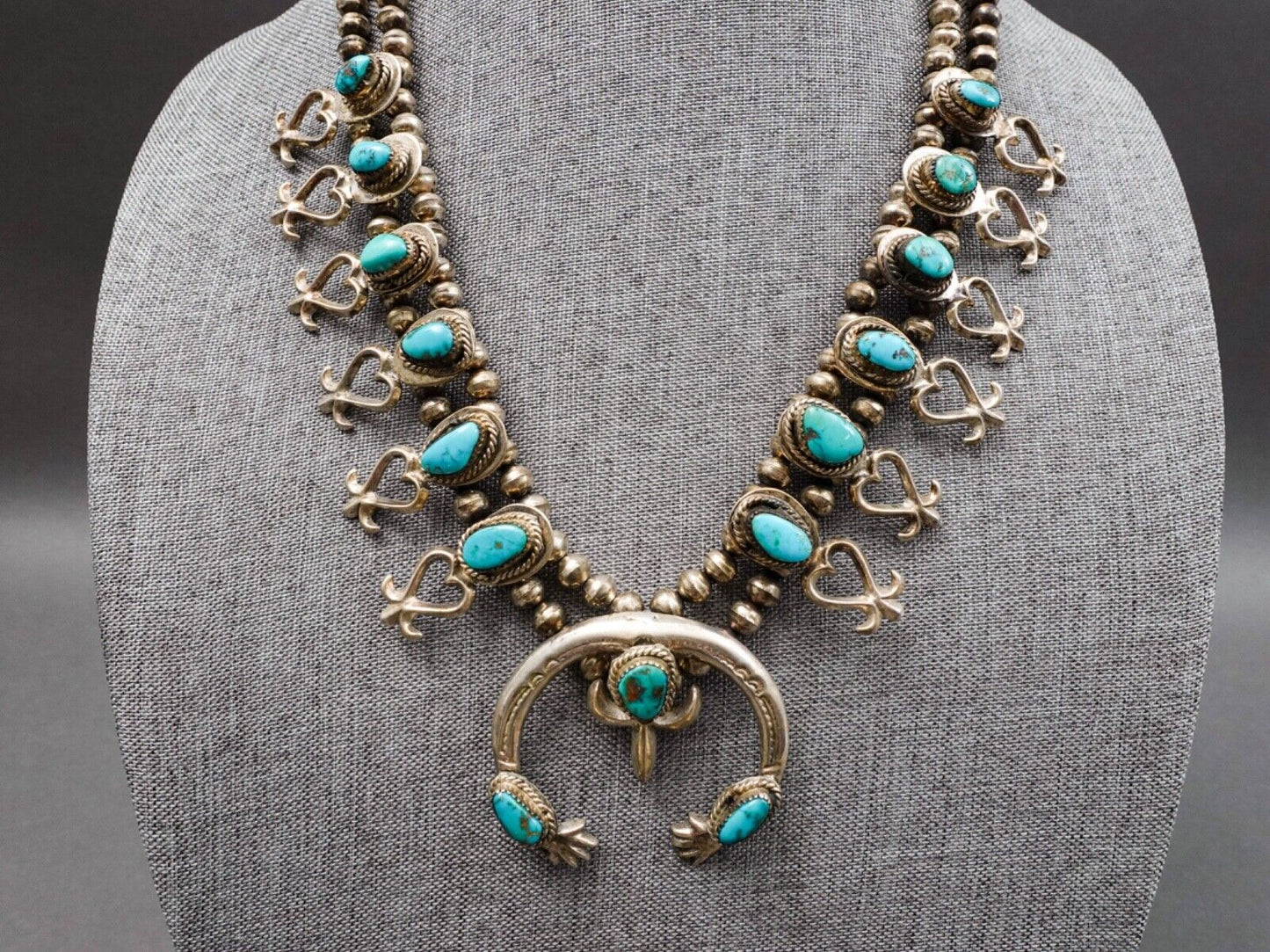 Navajo VIntage Sterling Silver Turquoise Squash Blossom Heart Necklace