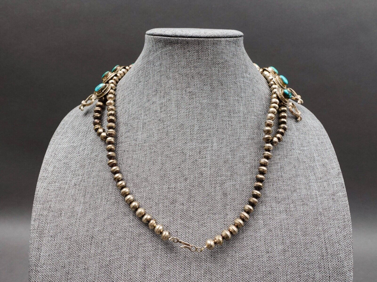 Navajo VIntage Sterling Silver Turquoise Squash Blossom Heart Necklace
