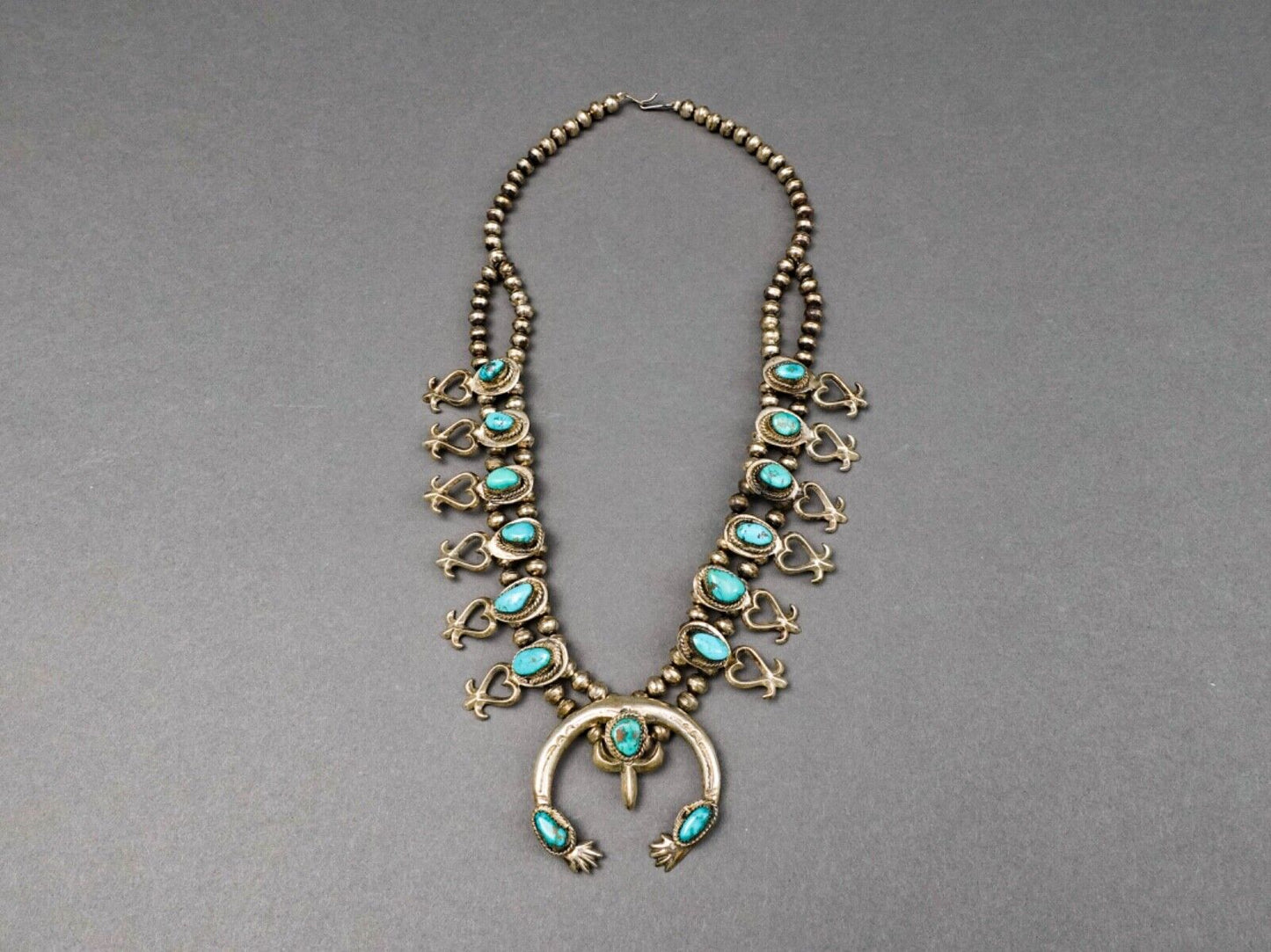 Navajo VIntage Sterling Silver Turquoise Squash Blossom Heart Necklace